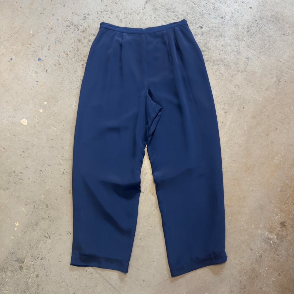 VTG Talbots Navy Blue 100% Silk Wide Leg Pleated Trousers Pants Womens Size 14